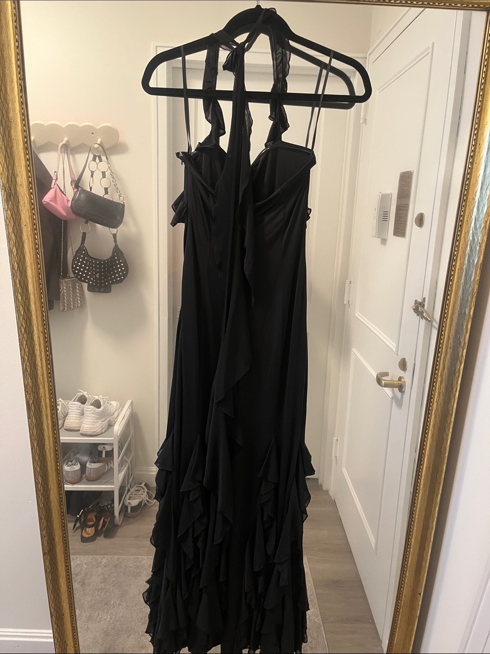 MESHKI Etta Ruffle Slinky Maxi Dress, Black, M - Picture 7 of 8